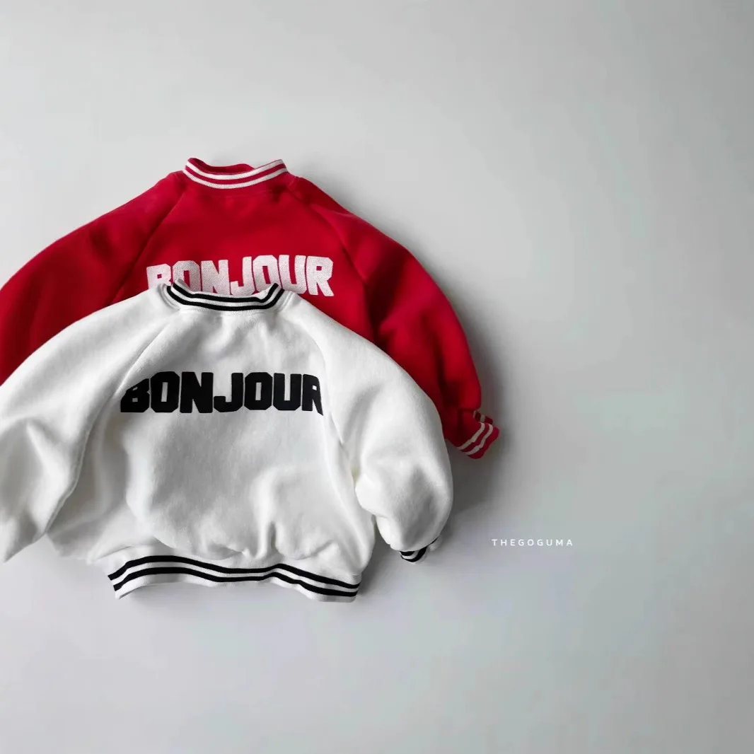 

2025 Winter New Children Fleece Sweatshirt Letter Print Girls Loose Casual Pullover Plus Velvet Thick Kids Boys Warm Sweatshirt