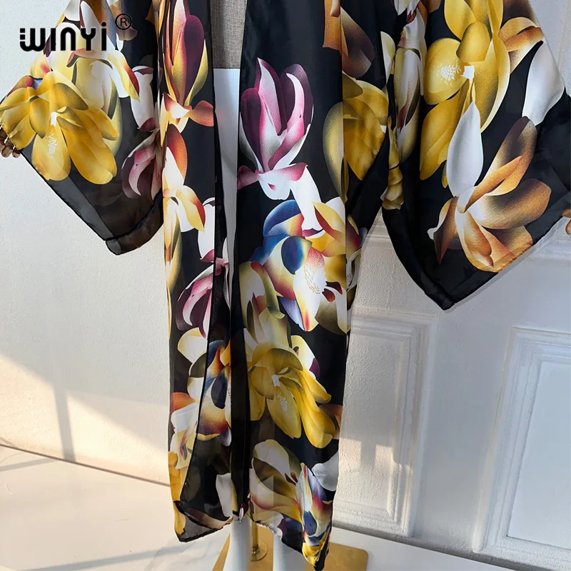 WINYI-Vestido maxi estampado com flores para mulheres, capa de quimono, roupa de verão, cardigans africanos, moda praia, luxo Dubai Abaya, 2021