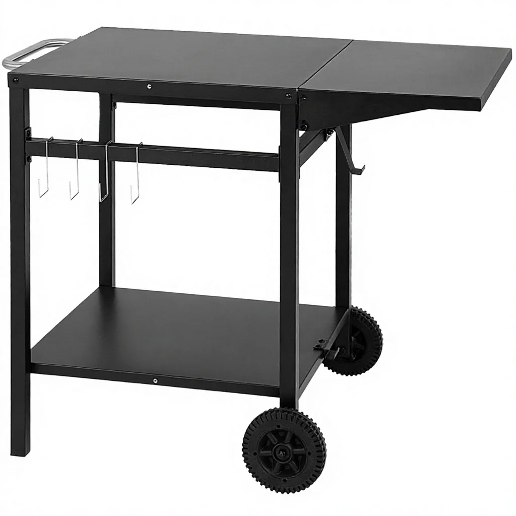 BBQ Foldable Wheeled Camping Table 2 Shelves 4 Hooks Powder Coated Stainless Steel Multipurpose Kitchen Garden Service Trolley