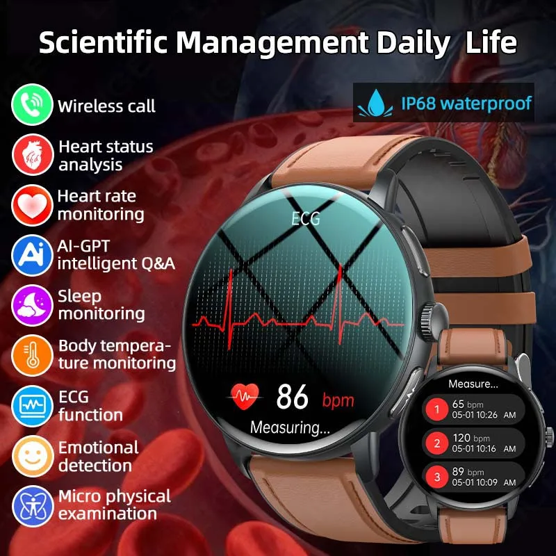 

Умные часы LIGE AI с функциями ECG+PPG, измерением частоты сердечных сокращений, уровня липидов в крови, мочевой кислоты, отслеживанием менструального цикла для мужчин и женщин, совместимые с Android и IOS.