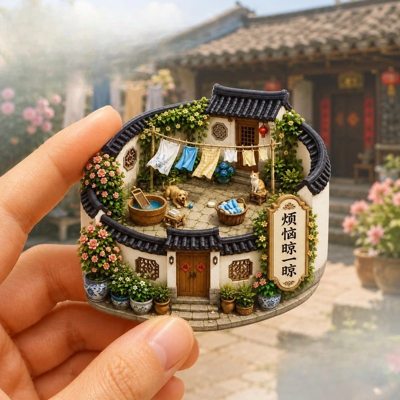 Cat Dog Patio Plants Fridge Magnet - Calming 3D Home Souvenir Unique Relaxing Gift for Garden & Cottage Decor
