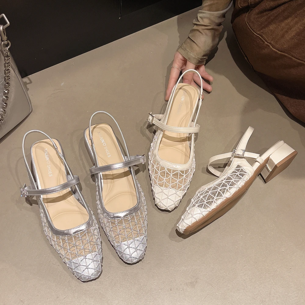 

Square Baotou Sandals Lace Edge New Chinese Style with Thick with A Line with Simple Square Head After Empty Single Shoes Women