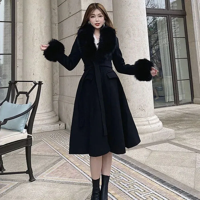 Black Fur Collar Warm Woolen Coats For Women Loose Slim New Winter Waist Wool Jackets Dress Luxury Long Cashmere Overcoat Female