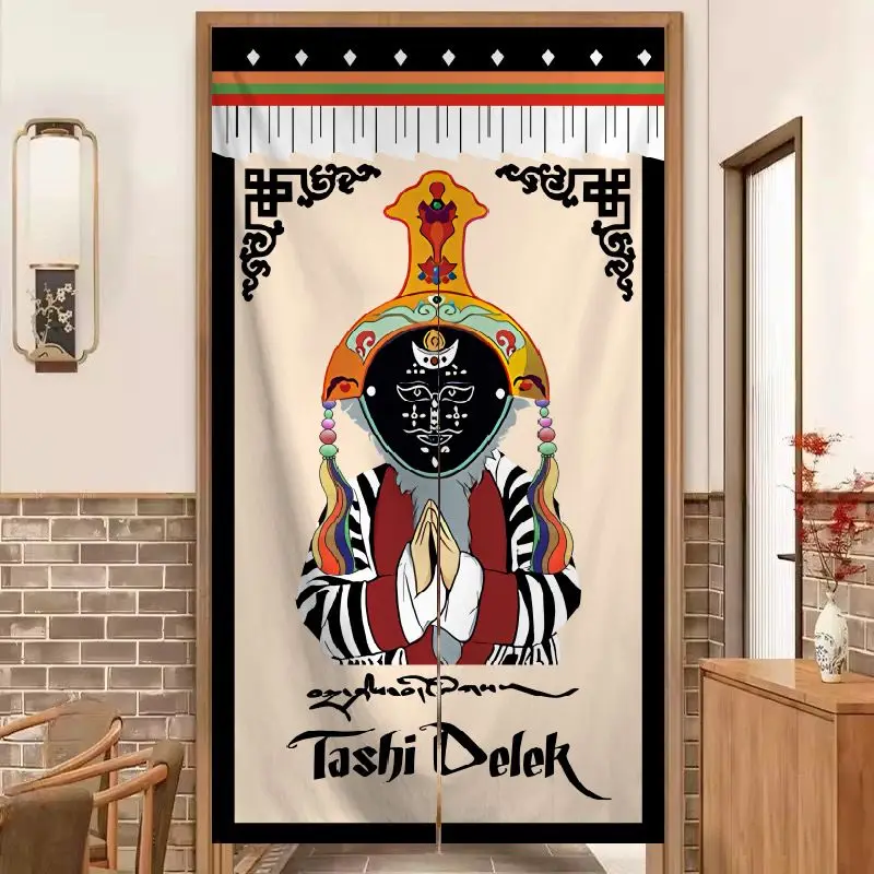 VIKAMA Traditional Tibetan Opera Mask Half-Curtain, Tashi Delek Ethnic Pattern Privacy Divider Curtain, Home Decor