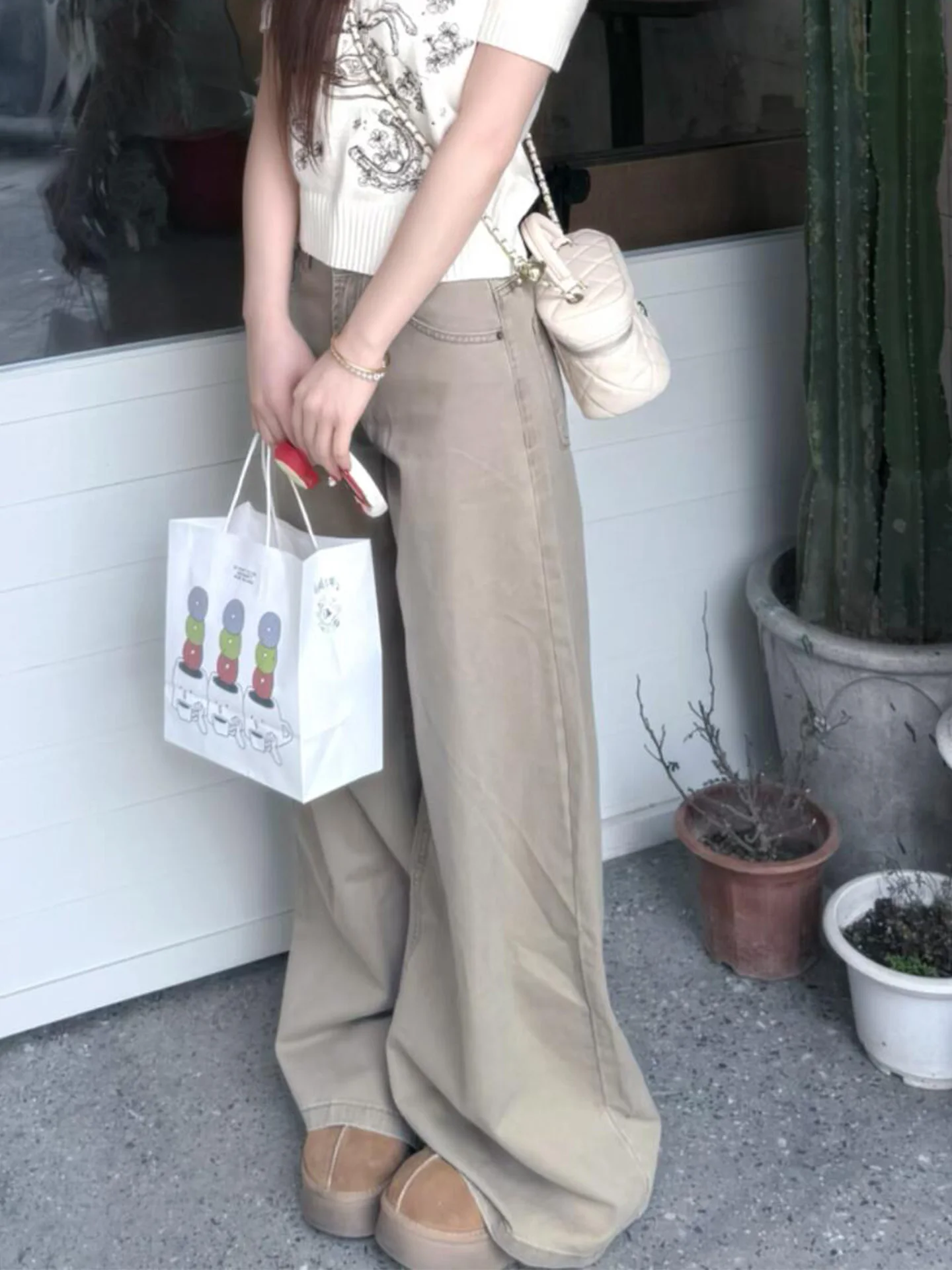 Retro American Khaki Denim Jeans Women's High Waist Skinny Wide Leg Pants Pear Shape Body Washed out Casual High Quality