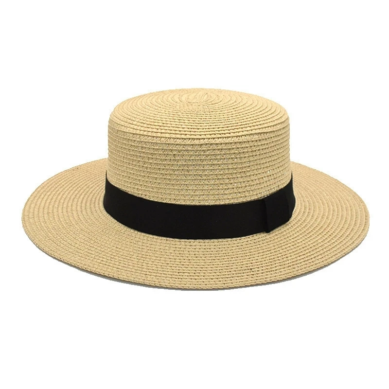 Sommer Sonnenschutz Strand Strohhut mit flacher Krempe Stroh gewebter Sonnenschutzhut Strandhut mit breiter Krempe – Detail 17