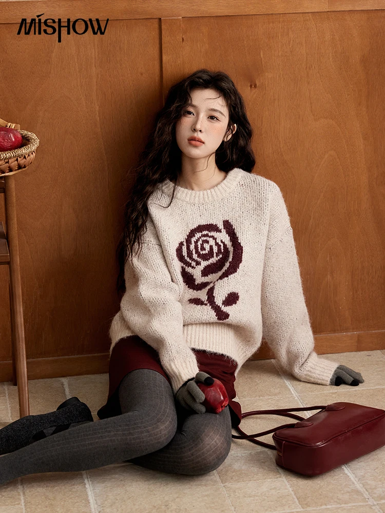 MISHOW Sweater Soft Plush Rose Jacquard Wool Blend Sweater for Women 2024 Winter Thickened Round Neck Straight Top MXD112Z1010