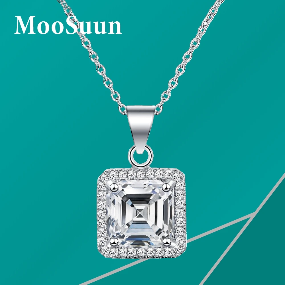 MooSuun 2.5ct Asscher Cut Moissanite Diamond Necklace for Women Men S925 Sterling Silver Wedding Jewelry Engagement Gift GRA