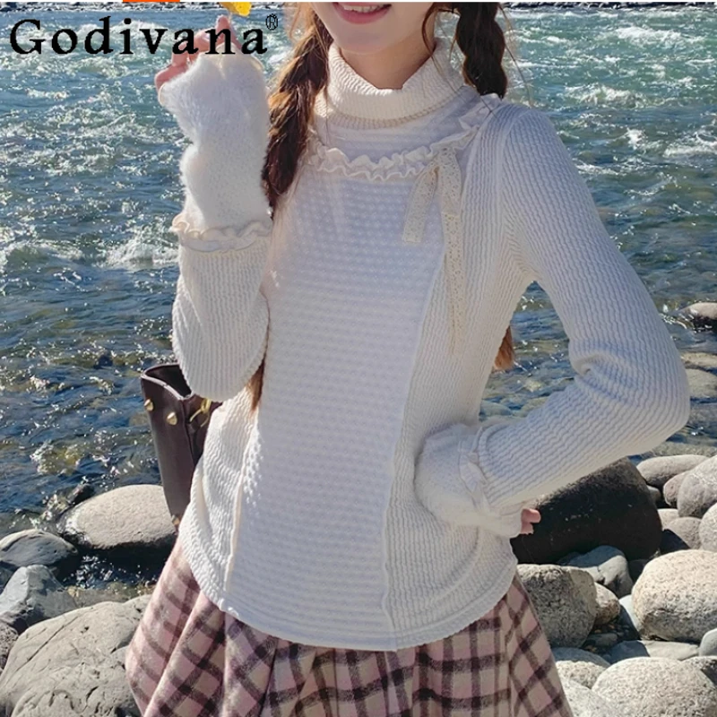 

Новая зимняя милая кружевная универсальная бежевая водолазка с оборками, нижняя рубашка, модные топы в стиле Лолиты с длинными рукавами для снижения возраста