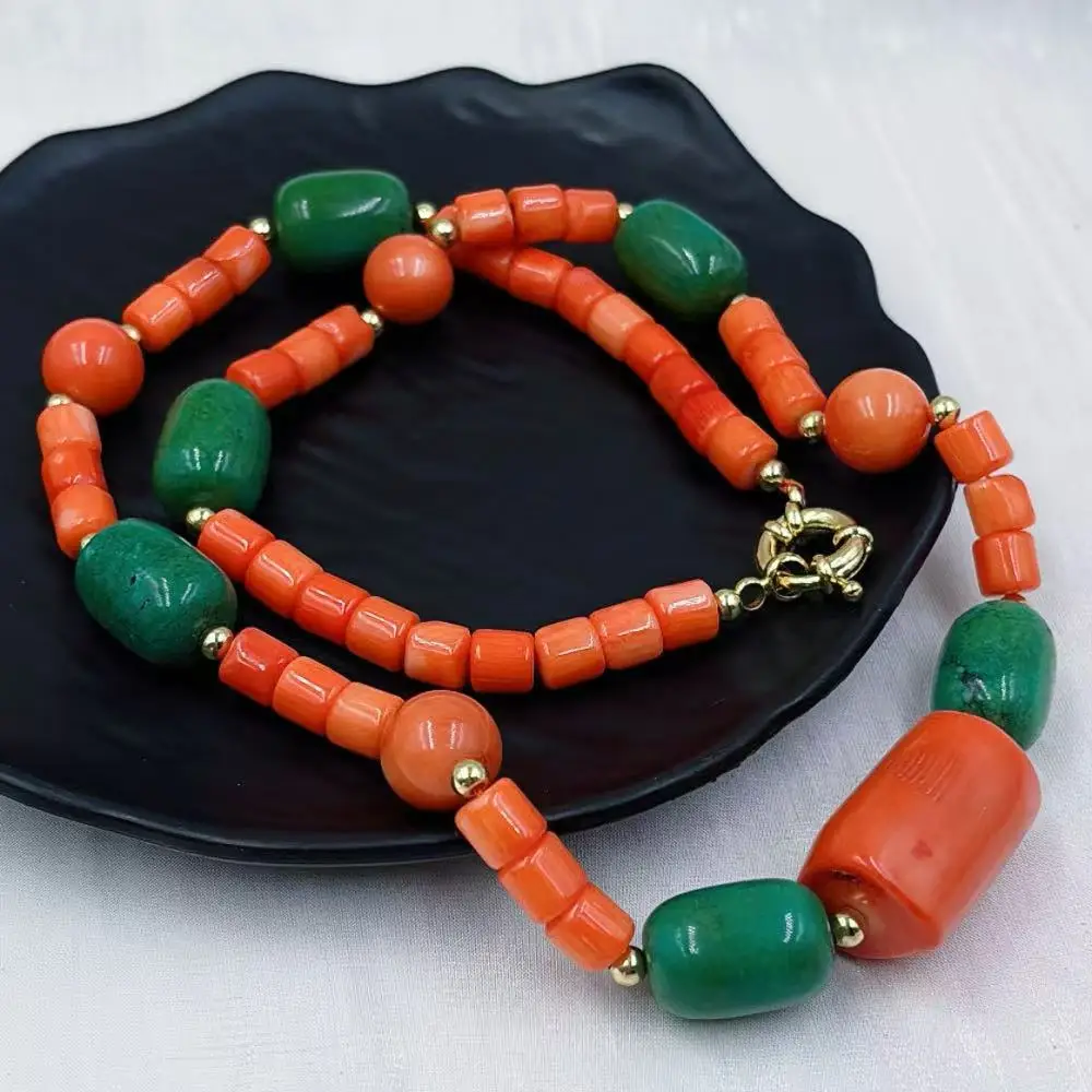 Woman Jewelry Vintage Green Turquoise Natural Sea Bamboo Woman Jewelry Gift Orange Coral Chokers Necklace 40-100cm