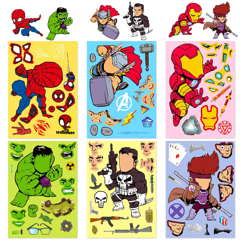 6/12sheets Disney Superhero Spiderman Iron Man Puzzle Stickers Make a Face DIY Game Children Assemble Jigsaw Educational Sticker