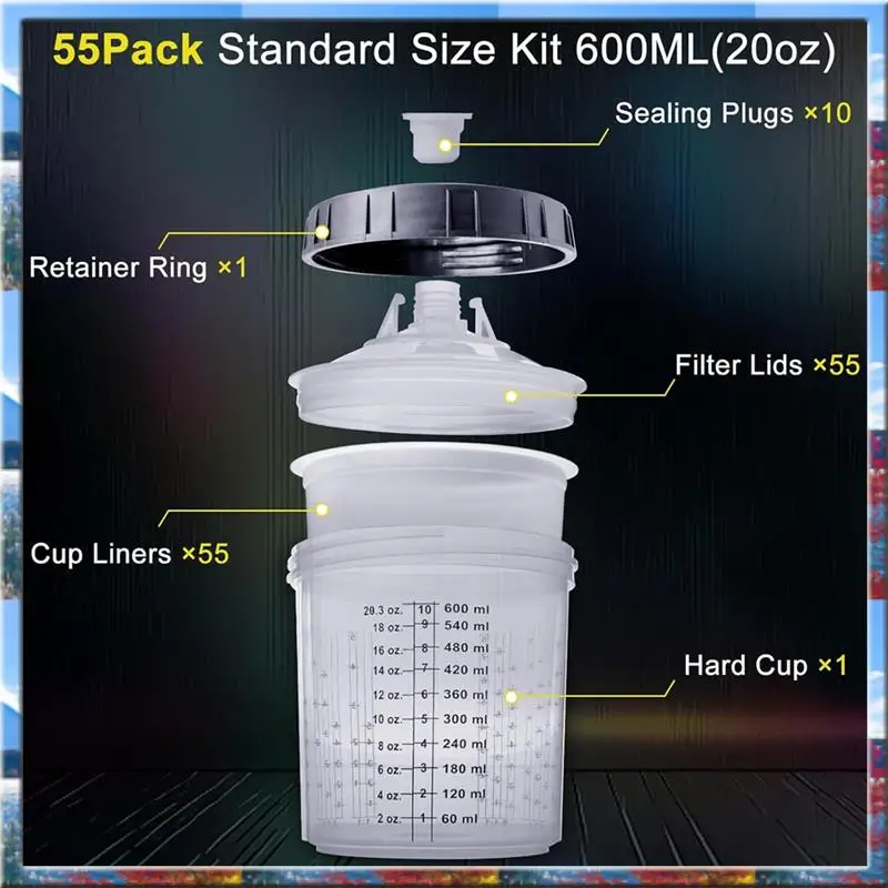 

Top Deals Paint Sprayer Mixing Cup, 20 Ounce (600Ml) Kit With 55 Cups And Lids System, 1 Hard Cup With Retainer Ring And 10 Plug