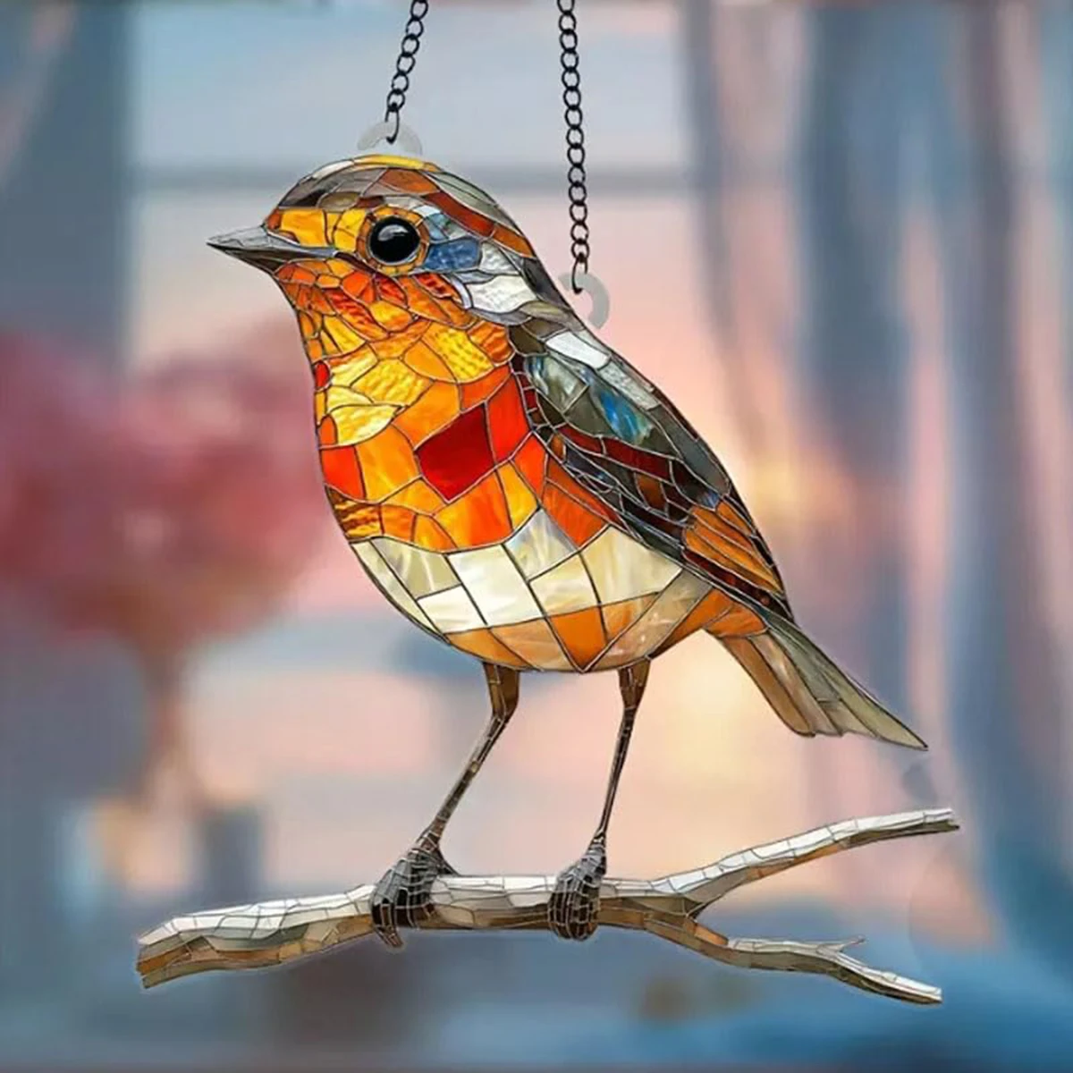 1pc Creative Large Robin Bird On Branch Suncatcher Stained Glass Effect Hanging Window Ornament Acrylic Board Signs