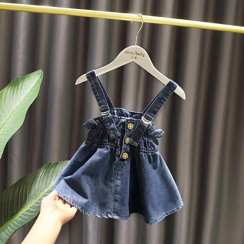 Lente en herfst meisjes babykleding set mode shirt met lange mouwen denim bandjurk tweedelige set kinderjurkset