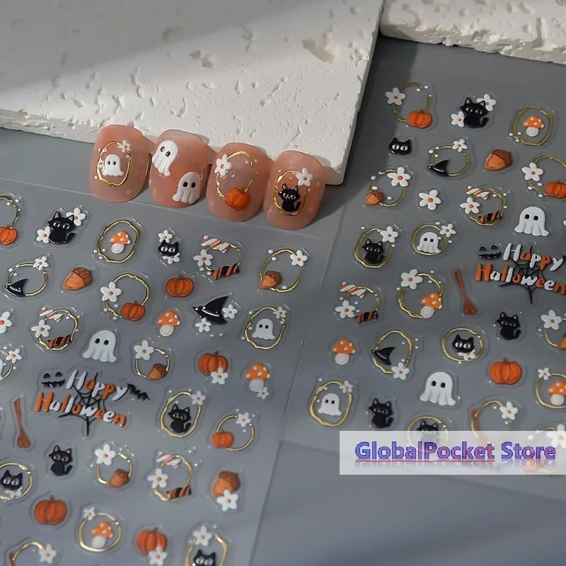 5D Embossed Halloween Nail Stickers Self‑Adhesive Nail Decals With Ghost Pumpkin Cat Mushroom Patterns Gold‑Trim Manicure Slider