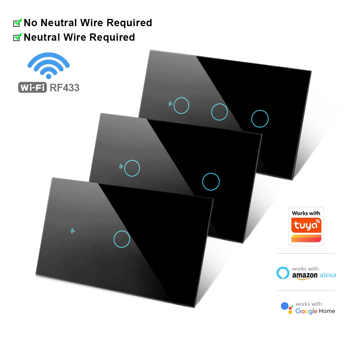 Interruptor Inteligente Wi-Fi com Controle Remoto sem Fio via App Smart Life, Compatível com Alexa e Google Home, Controle por Voz, AC110V 220V, Interruptor de Luz de Parede de 2 Vias com Toque.
