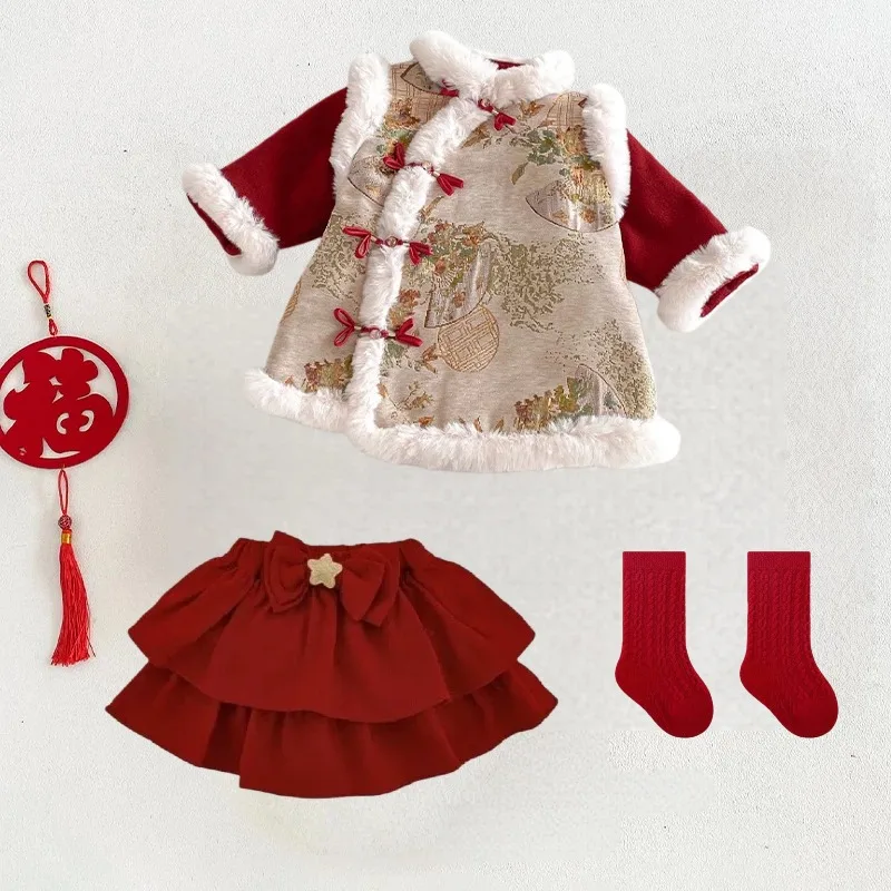 

New Year Girl Costume Red Warm Coat Slanted Collar Retro Printing Style with Skirt Socks Full Set for Girls Theme Party