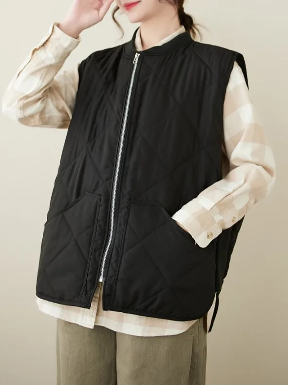 冬用多用途レトロカジュアルコットンベスト レディース 暖かいダイヤモンド柄キルティングジャケットコート ジッパー付きラウンドネックピュア...