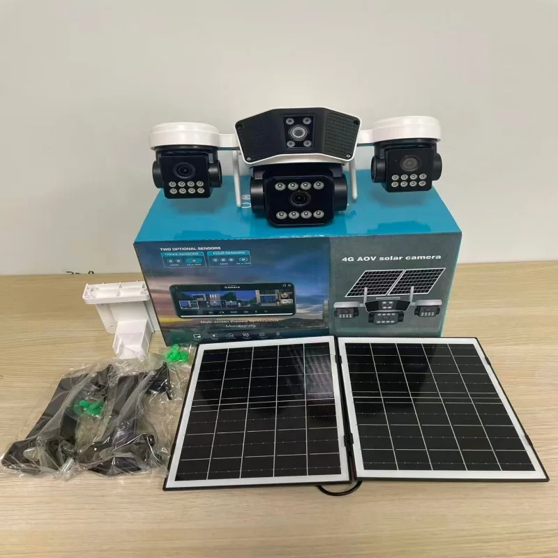 4G Solar 12MP CMOS HD 3-lens Wide-Angle Motion Detection Automatic Tracking PTZ Full-color Night Vision Two-way Audio Network