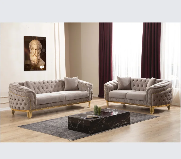 ！@Modern Style Modular 2 Piece Apartment Living Room Set (includes Sofa + Loveseat) Made Velvet Button Tufted Surface Taupe Colo