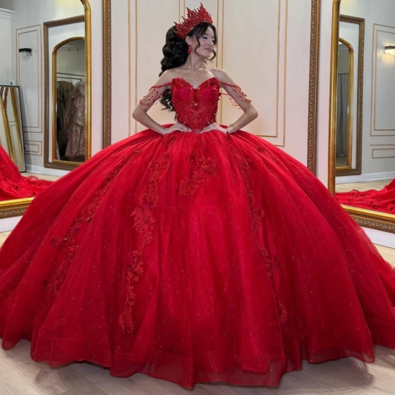 

Red Shiny Quinceanera Dresses Off The Shoulder Applique Lace Beads Tull Party Birthday Sweet 16 Dress Vestidos 15 Anos