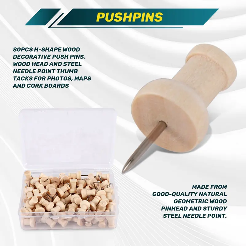 80Pcs H-Shape Wood Decorative Push Pins, Wood Head And Steel Needle Point Thumb Tacks For Photos, Maps And Cork Boards