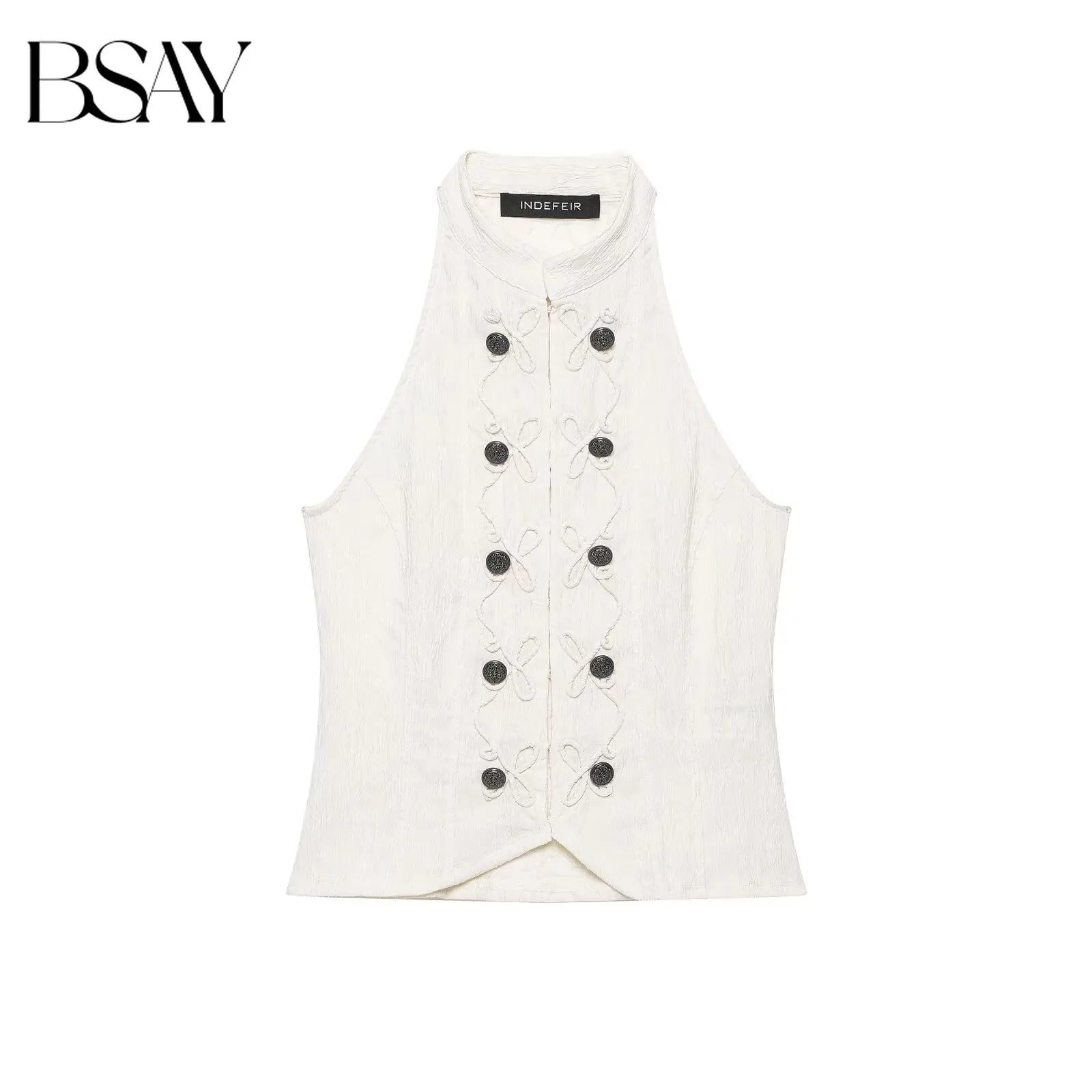 BSAY New Women Halter Neck Sleeveless Vest Floral Embroidery Double Breasted Button Decor Stand Collar Slim Fit Cropped Tank Top