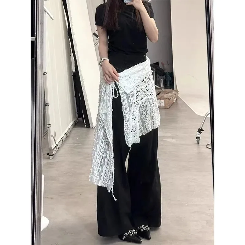 INS 블로거 레이스 레이어드 거즈 스커트, 타이업 스파이시 걸 스택 스커트, Y2K 스트릿웨어 에이프런 랩 스커트, 레이스업 매칭 팬츠