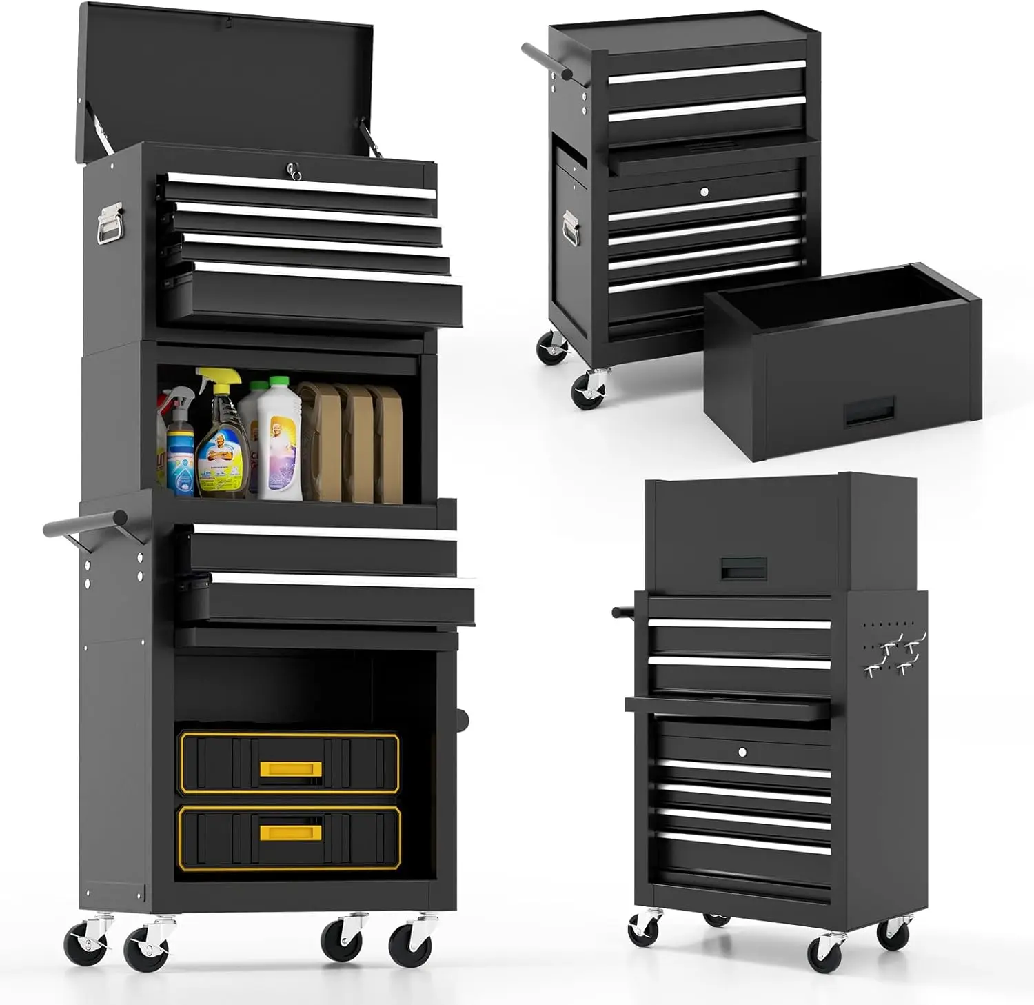 

Утолщенный ящик для инструментов, ящик для хранения инструментов на колесиках 2 в 1, шкаф для инструментов со съемной верхней частью и регулируемой полкой, с запираемыми колесами