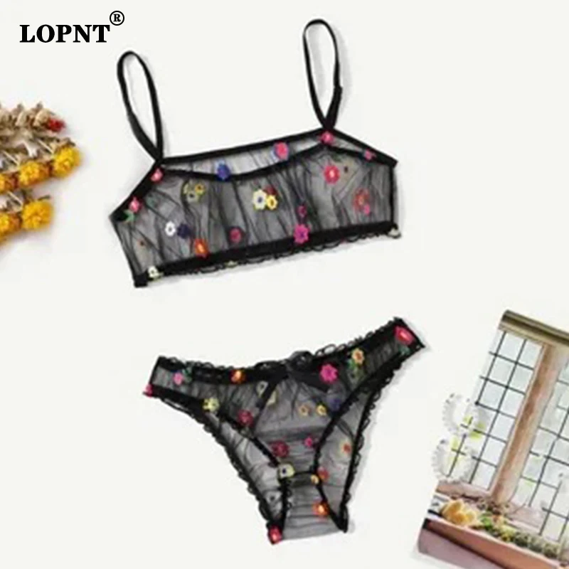 LOPNT Fashion Bra Set Women\'s Sexy Embroidery Lingerie Wire Free Transparent Underwear Embroidered Mesh Sheer Lingerie Set Bh