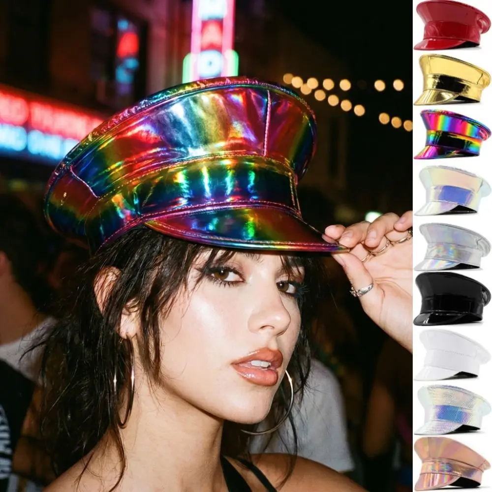 Summer Hat PU Leather Laser Hats Waterproof UV Protection Leather Beret Flat Caps Sunscreen Baseball Cap Festival Events