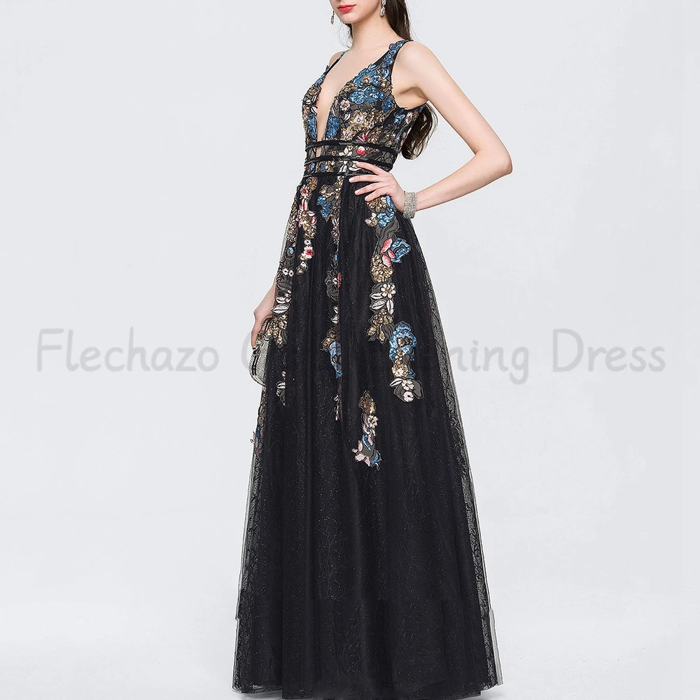 Flechazo Sexy Deep V-Neck Prom Dress Sleeveless Delicate Applique A-Line Floor Length Lace and Tulle Women Open Back Party Gowns