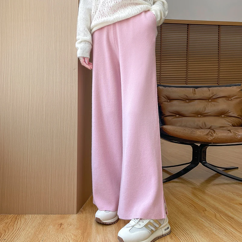 100% Merino Wool Rlastic Waisted Casual And Fashionable Wide Leg Pants For Women Warm AutumnWinter Pocket Straight-LegWool Pants