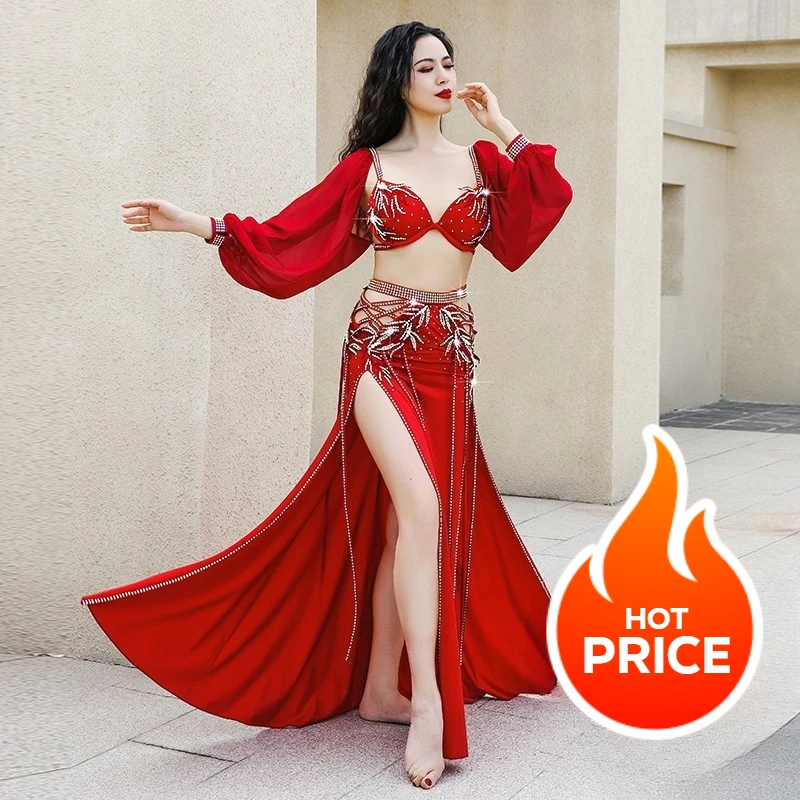 Traje de danza del vientre personalizado para mujer, conjunto de actuación de competición de grupo elegante para mujer, Falda con sujetador de danza del vientre, 2 uds.