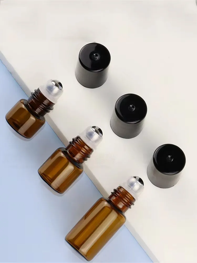 50pcs 1ml 2ml 3ml 5ml Amber Thin Glass Roll on Bottle Sample Test Essential Oil Vials with Roller Metal Ball