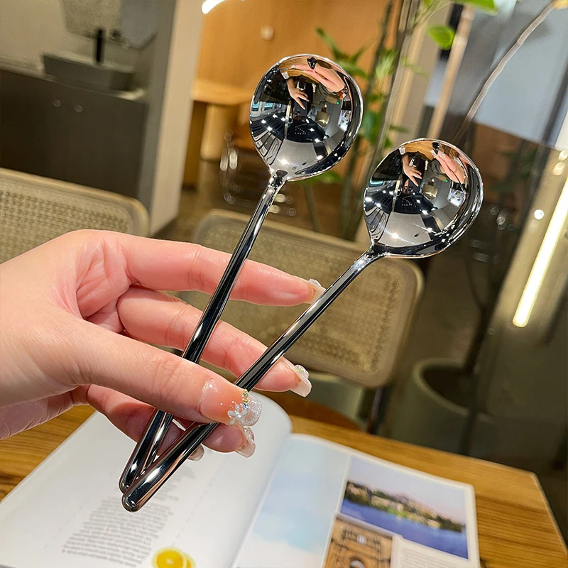 1pc Stainless Steel Round Spoon Net Red Gold Western Food Long Handle Stirring Dessert Spoon Kitchen Accessories Gadgets