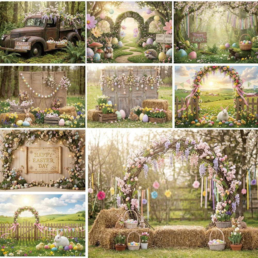 

MOON.QG Spring Easter Photography Backdrop Truck Garland Eggs Background Maternity Photocall Photography Accessories Props Decor