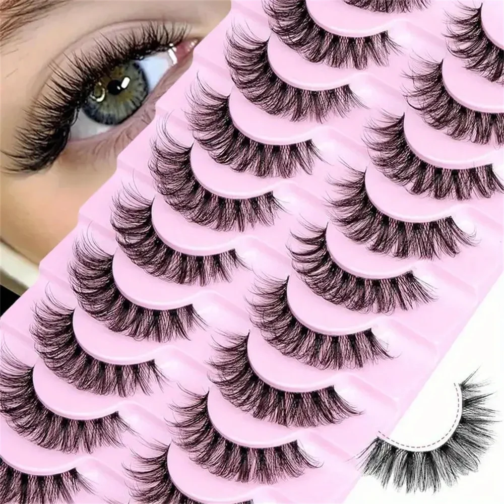10 paires de faux cils épais et moelleux d'apparence naturelle, conception de tige transparente, accessoire de maquillage sans parfum