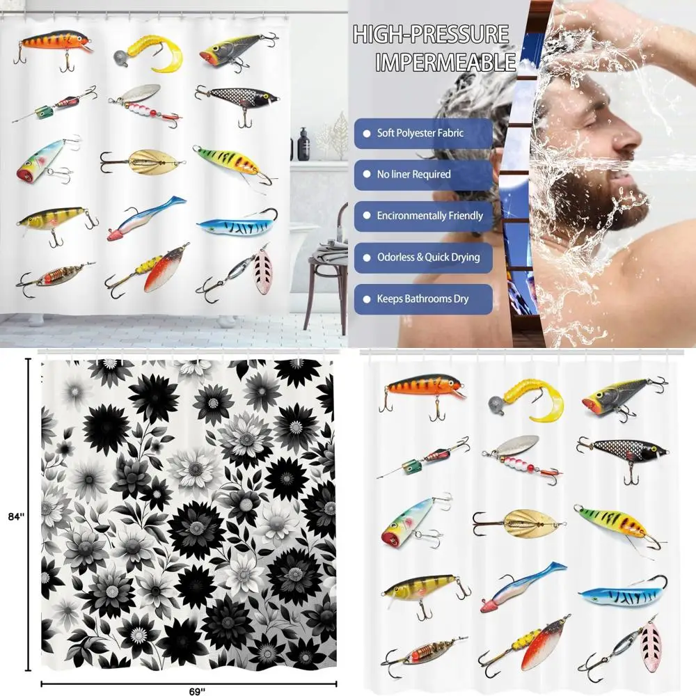 

Занавеска для душа на рыболовную тематику с крючками, снастями и сеткой для любителей рыбалки.