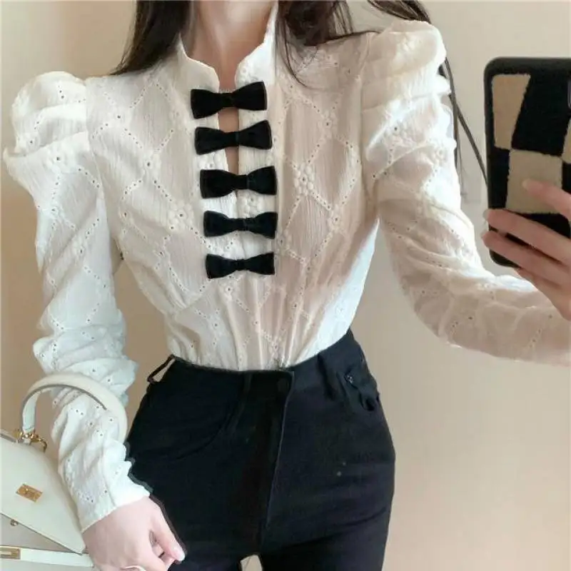 Women\'s shirt French bow design sense small long sleeve shirt 2024 spring and autumn new slim lace top