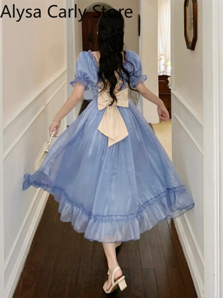 Blue Princess Vintage Dress Women Elegant Bow Korean Fairy Midi Dress Femme Sexy Backless Lace-up Court Evening Party Dress 2022