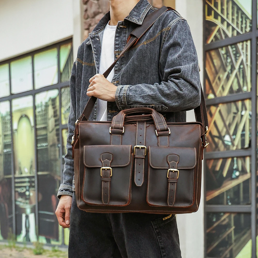 Bolso de mano de cuero genuino para hombre Maletín de negocios retro de gran capacidad 15,6 pulgadas, un hombro para ordenador