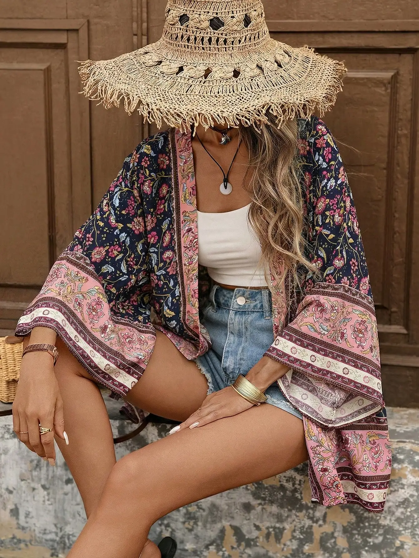 

Women Floral Print Long Sleeve Kimono Cardigan Boho Beach Cover Up