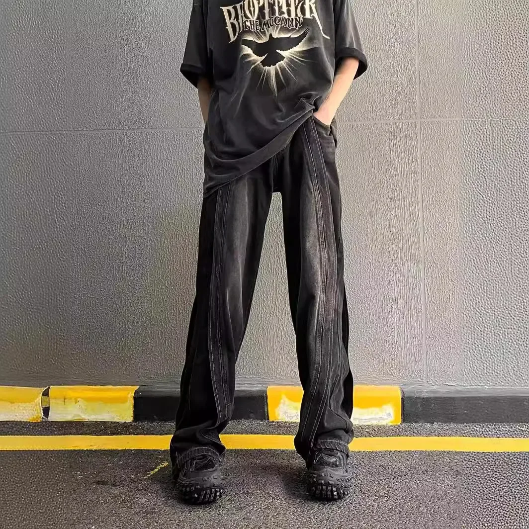 Vintage-Jeans im amerikanischen Stil mit High-End-Feeling, lockere Passform, gerades Bein, weites Bein, drapierte lange Hose für Herren und Damen