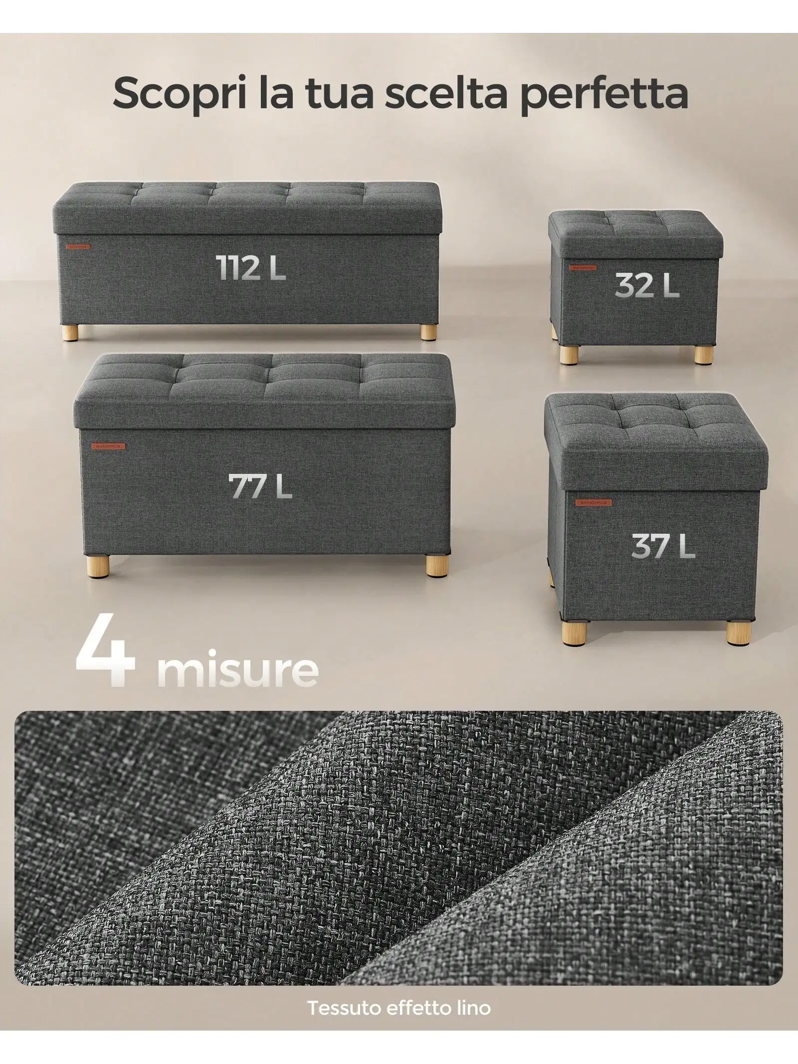 Pouf SONGMICS, scatola portaoggetti, sgabello con poggiapiedi, pieghevole, panca, 38x110x40 cm, per soggiorno e camera da letto