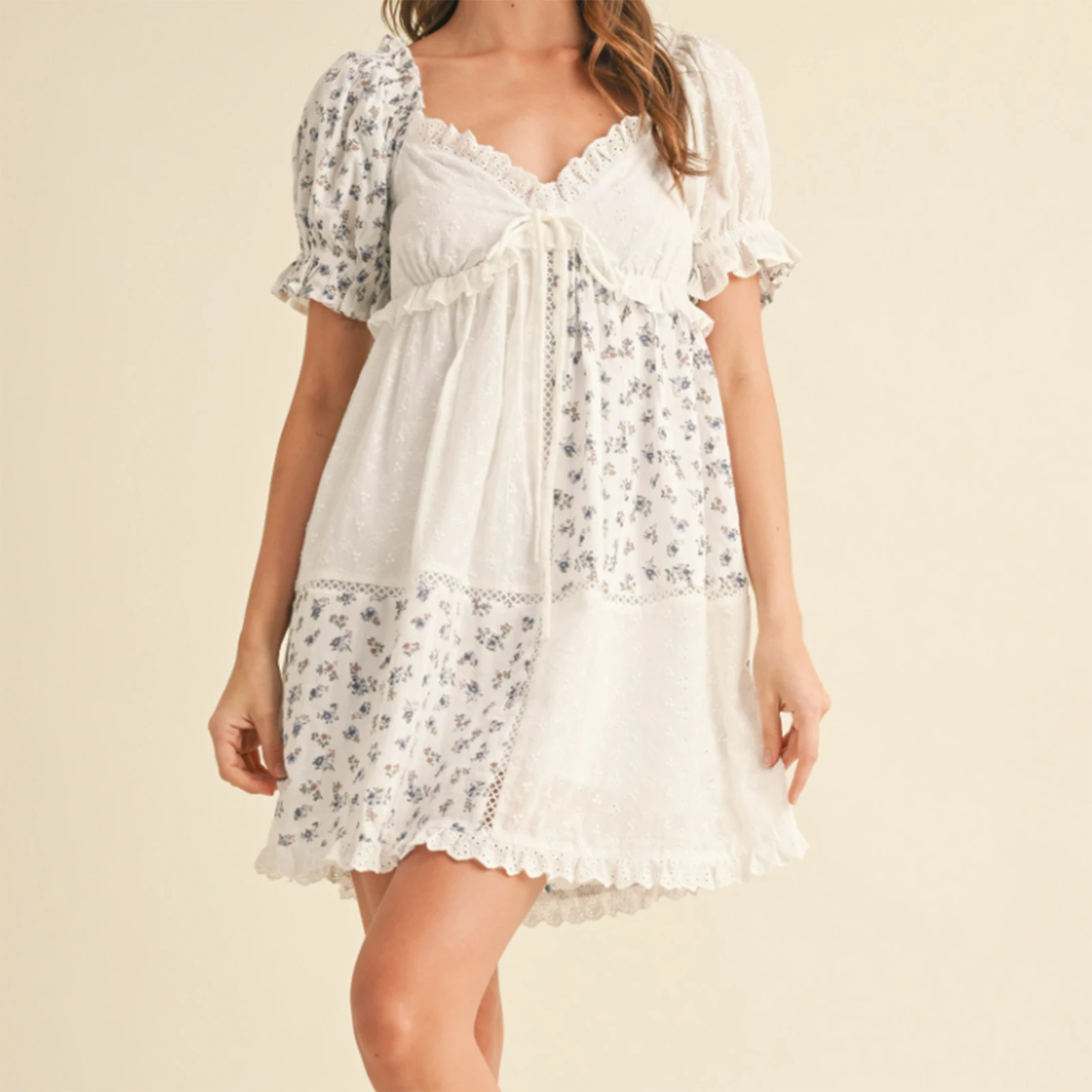 Vestido de maternidad con estampado floral para mujer, pajarita frontal, ribete con volantes, cuello en V, manga corta, minivestido de corte A para primavera y verano