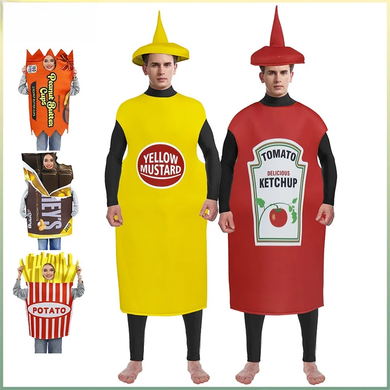 Erwachsenen-Halloween-Partykostüm Pommes-Frites-Ketchup-Anzüge Puppen-Performance-Kleidung Bühnenshow-Outfits Tomatensauce Kartoffelchips