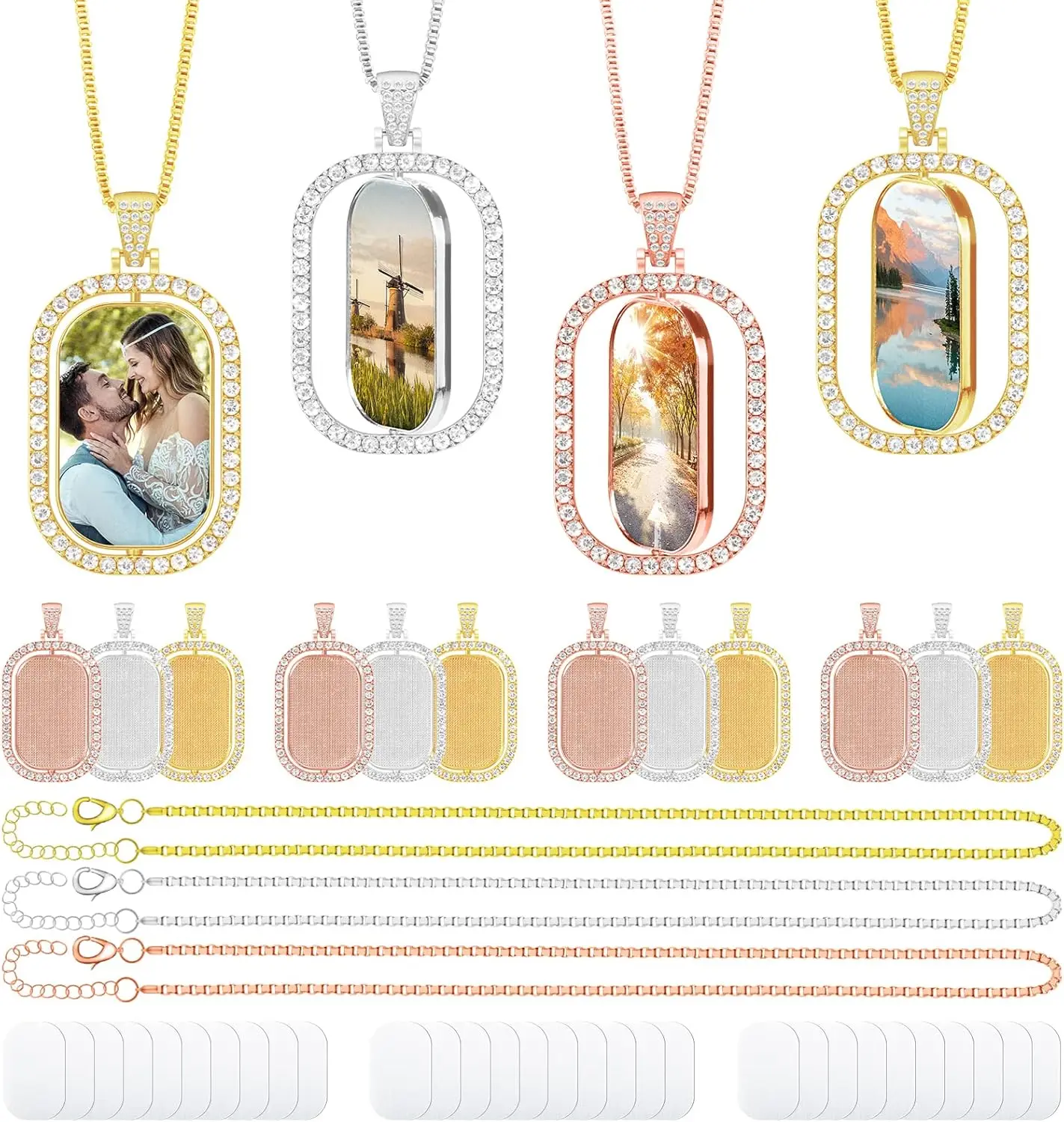 10 مجموعات/وحدة التسامي قلادة فارغة مع سلسلة للتدوير على الوجهين حجر الراين قلادة مع ملصقات الألومنيوم DIY بها بنفسك الفراغات