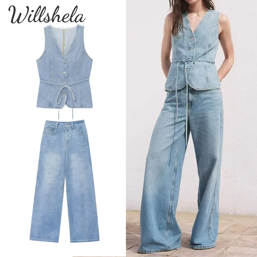 

Willshela женские модные комплекты из 2 предметов, синие джинсовые джинсы, жилет и широкие брюки, женский шикарный женский повседневный брючный костюм