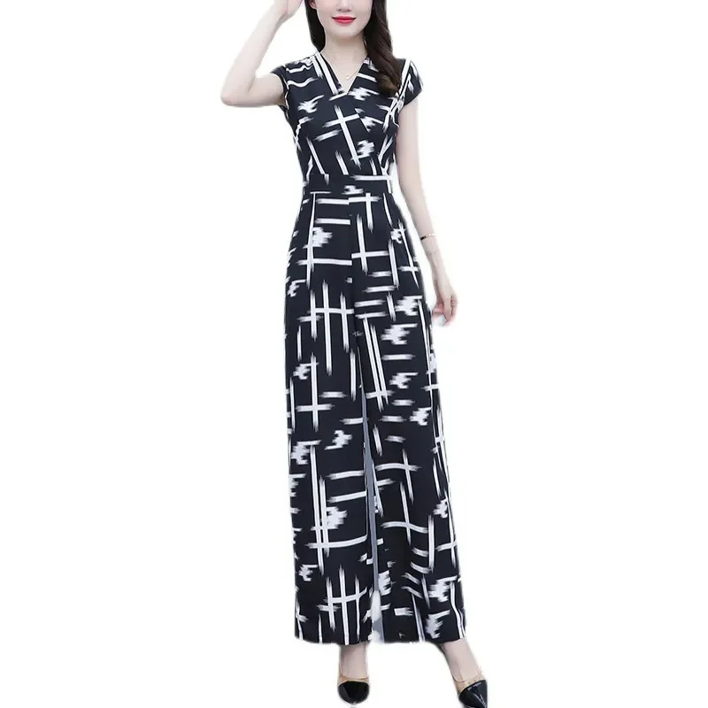 

Women V Neck Geometric Stripe Jumpsuit Summer Thin Wide Leg Elegant One Piece Outfit S-4XL